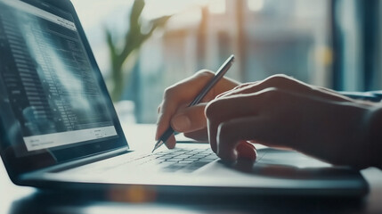 Naklejka premium A person is writing on a laptop with a pen