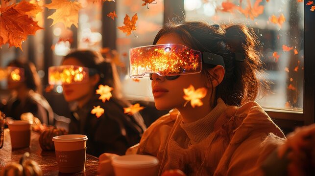 Friends in a fall-themed cafÃ© wearing AR glasses that overlay digital leaf effects around them, experiencing a heightened autumn atmosphere indoors while they sip on pumpkin lattes, 