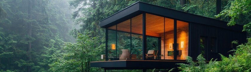 Obraz premium Cozy Sustainable Prefabricated Cabin Nestled in a Lush Forest Retreat