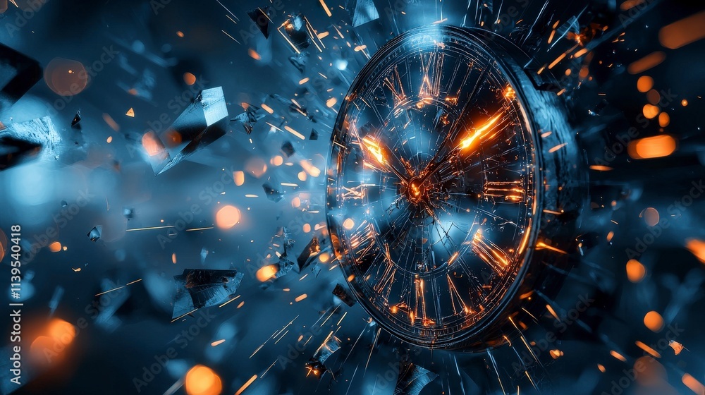 Poster Fractured time explosion glowing segments of a clock digital art futuristic environment abstract viewpoint
