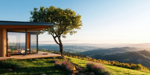 A prefabricated home perched on a hill overlooking a serene valley, blending modern design with natural beauty.