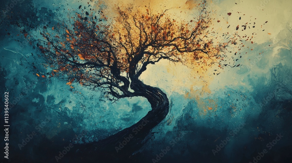 Poster fractured tree branches transforming nature's essence enchanted forest art surreal perspective trans