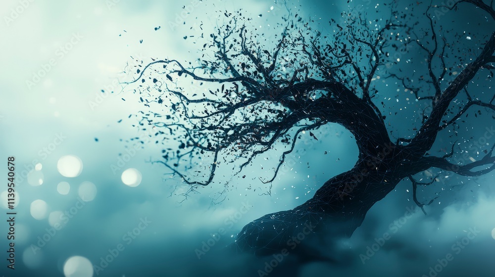 Poster fracturing tree branches transforming in ethereal mist nature scene surreal landscape atmospheric vi