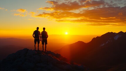 Fototapeta premium Two people standing on top of a mountain at sunset