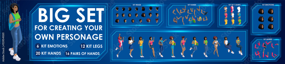 Poster isometric woman black characters constructor for designed n3. presentation in various action. set of