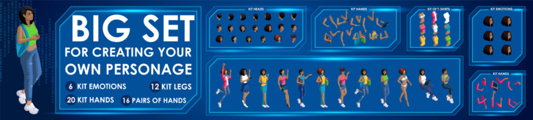 Isometric Woman Black characters constructor for designed N3. Presentation in various action. Set of Students personages flat style illustration