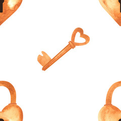 Seamless pattern with golden heart-shaped locks and keys. Watercolor illustration for textiles and wedding wrapping paper