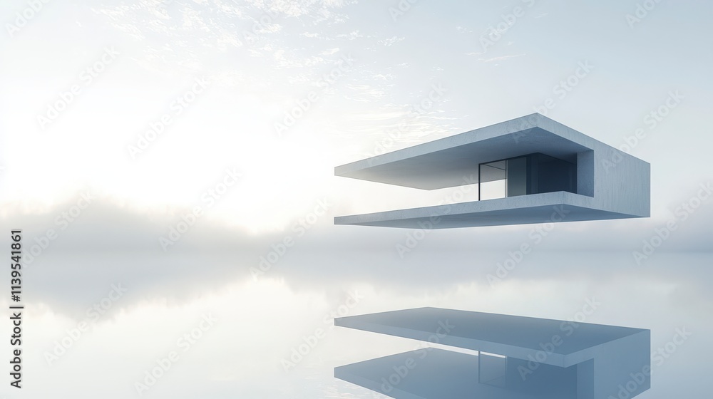 Poster floating architectural structure in infinite white space 3d visualization minimalist design serene e
