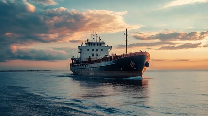 Cargo Ship at Sunset. Maritime Transportation, Shipping, and Logistics.