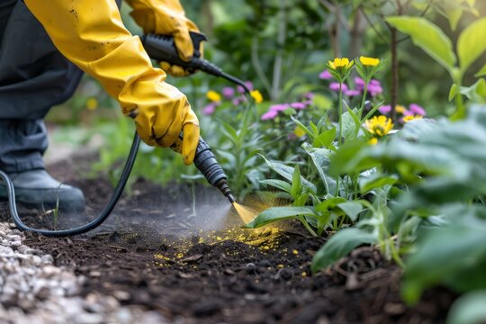 Gardener in Yellow Gloves Applying Pesticide to Flower Bed with Colorful Blooms, Ensuring Plant Health and Vibrancy in Garden Care Process