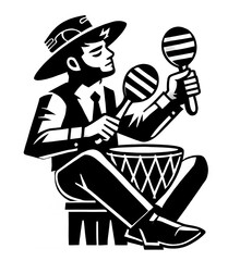 Black and white isolated vector illustration of a musician playing a rhythm instrument maraca on a white background.