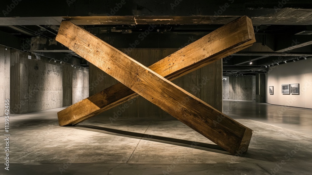 Aufkleber precarious diagonal beams suspended over void art installation contemporary gallery minimalist space