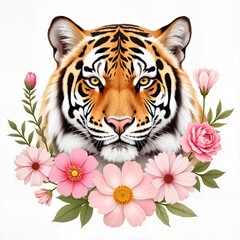 Fototapeta premium Gentle Tiger Portrait with Soft Pink Floral Accents, Print for T-Shirt