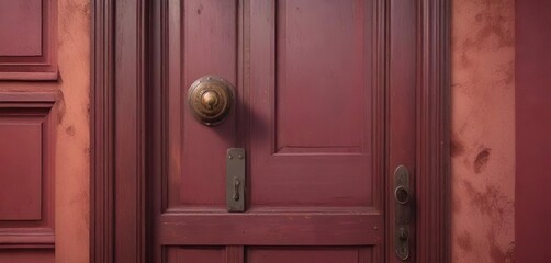 Vintage-inspired door with a rusted doorknob and burgundy-colored door surround, chunky, crackled, peeling