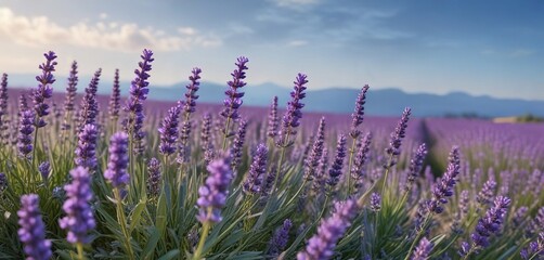 Fototapeta premium The vibrant colors of blooming lavender against the backdrop of a clear blue sky, flowers, countryside