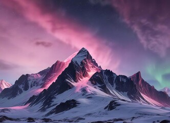 The aurora borealis shines with a soft pink light on a snowy mountain peak at night, dark night sky, soft colors