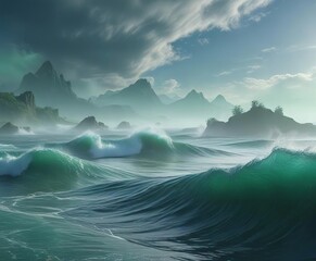 Fototapeta premium Swirling blue and green misty atmosphere with wave-like shapes in the distance, cosmic energy, blue green mist, atmospheric effects