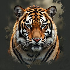 Fototapeta premium Majestic Tiger Portrait with Golden Highlights and Dark Background, Print for T-Shirt