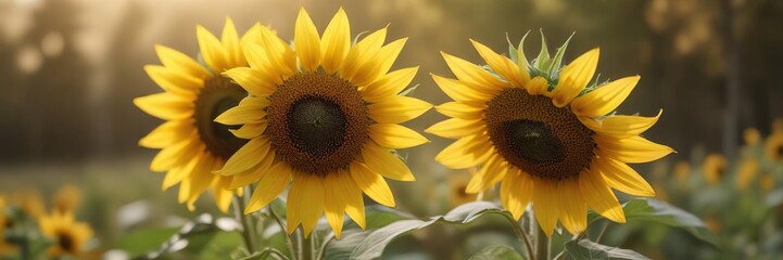 Fototapeta premium Subtle golden hues on a bright yellow sunflower with blurred surroundings, subtle hue, bright yellow, filter