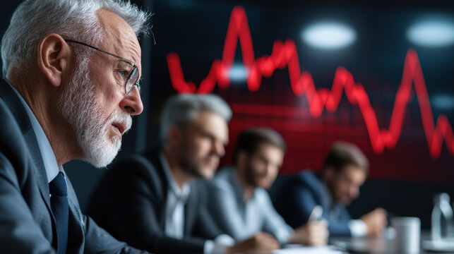 debt defaulting crisis concept. Business professionals in tense meeting with red stock market graph in background