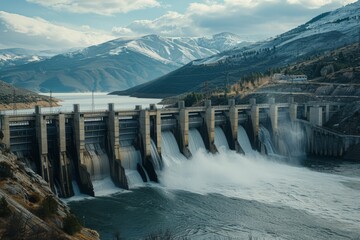 Fototapeta premium Scenic View of a Hydroelectric Dam Surrounded by Majestic Mountains and Calm Water Under a Vivid Sky, Capturing Nature's Power and Tranquility
