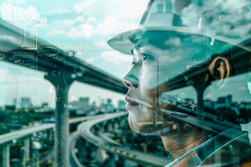 Fototapeta premium Engineer Visioning Future City Development with Overlay of Urban Infrastructure Concepts and Data Analysis for Safety and Innovation