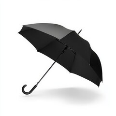 A classic black umbrella with a curved handle and a smooth, wide canopy on a white background 