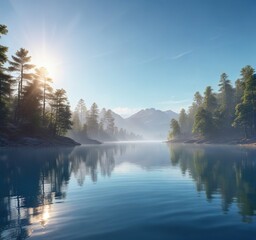 Fototapeta premium Serene blue gradient background with soft sunlight and gentle sun rays on a tranquil lake, serene, rays