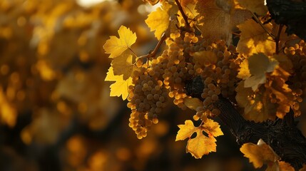 Fototapeta premium Golden Grapes and Leaves in Vineyard During Autumn