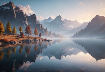 Fototapeta premium Misty mountains in the distance, reflecting off a calm lake surface, natural world, forest scene, misty mountains