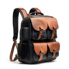 Naklejka premium A stylish backpack with multiple compartments and adjustable straps on a white background