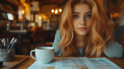 Woman Planning Budget with Drink in Cozy Caf&eacute; Setting