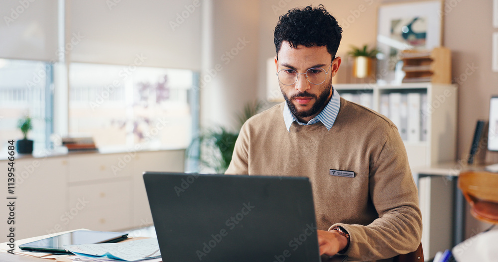 Aufkleber doctor, man and typing on laptop in clinic for checking patient information, medical records or trea