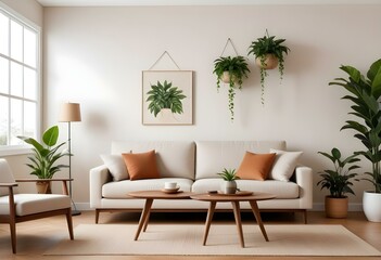 A modern living room with a beige sofa, wooden coffee table, and a hanging plant decoration on the wall.