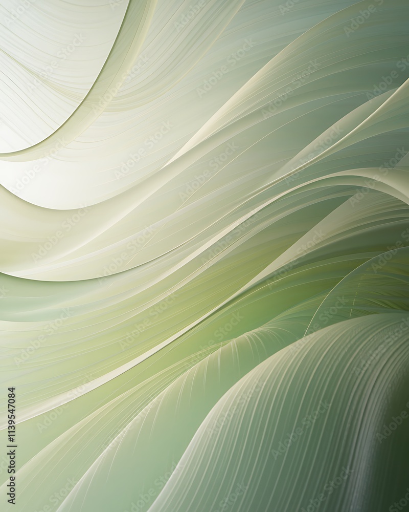 Poster abstract digital art with a green and white gradient background, featuring dynamic wave-like curved 