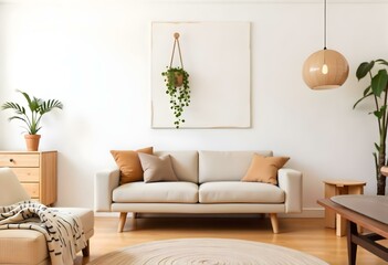 A modern living room with a beige sofa, wooden coffee table, and a hanging plant decoration on the wall.