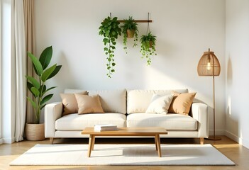 A modern living room with a beige sofa, wooden coffee table, and a hanging plant decoration on the wall.