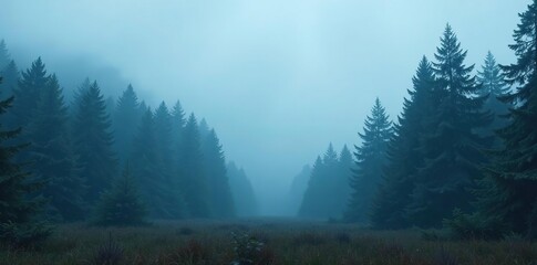 Fog shrouds the treetops of a mystical forest clearing, overcast sky, foggy atmosphere, eerie