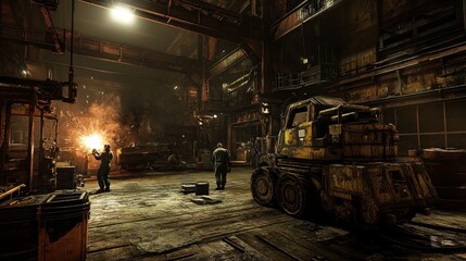 Industrial Scene with Workers and Machinery in Action