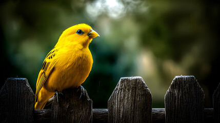 Bright yellow bird perched on a wooden fence.