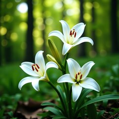 Delicate lily flowers blooming in forest surroundings, white, lilies