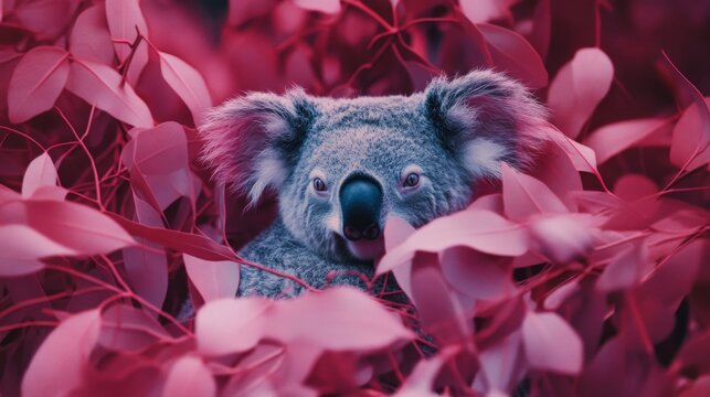 Koala hiding in vibrant pink eucalyptus leaves.