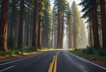 Naklejka premium An empty highway lined with tall redwood trees, scenery, foliage