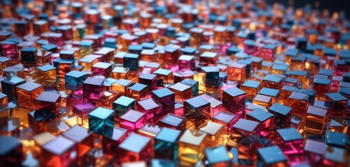 Obraz premium Abstract background of colorful glass cubes scattered on a flat surface, geometric shapes, reflective neon purple blue orange glass cubes background copy space