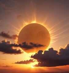 A bright big sun with a warm and inviting yellow orange color in the sky during sunset partially behind a cloud, ocean, cozy atmosphere, blue horizon