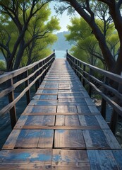 Obraz premium Wooden bridge with a worn blue wood surface and tree branches above, woods, blue wood, distressed