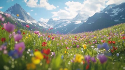 Fototapeta premium Colorful alpine meadow with wildflowers, mountains, and snow. 