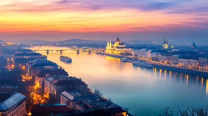Fototapeta premium Budapest at Sunrise, Danube River, Scenic Cityscape