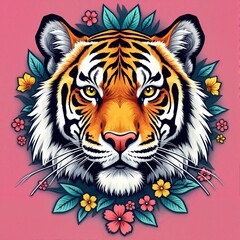 Fototapeta premium Floral Tiger Portrait with Vibrant Colors and Artistic Floral Wreath, Print for T-Shirt