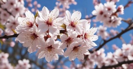Obraz premium White and pink cherry blossoms sway gently in the breeze , cherry blossom, soft focus, full bloom